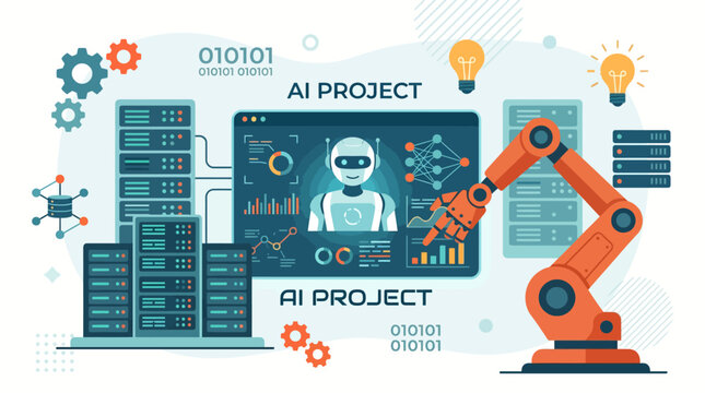 Industrial robotic arm interacting with a computer dashboard showing a robot avatar and servers, vector illustration.