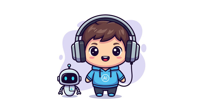 Digital illustration of a cute chibi boy wearing large over-ear headphones and a blue hoodie with an AI logo, standing beside a small white futuristic companion robot on a white background.