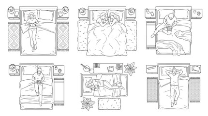 Obraz premium Top view of people resting and reading in bed, line art illustration