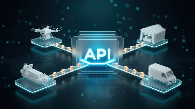 Global supply chain API hub connecting drone ship van, API monitoring and data exchange