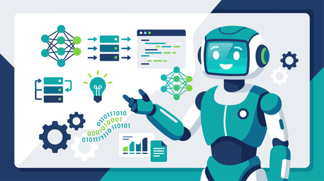 Friendly robot presenting digital concepts like neural networks, coding interfaces, and servers, vector illustration.