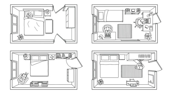 Top view of four different bedroom interior layouts with furniture and people in line art style