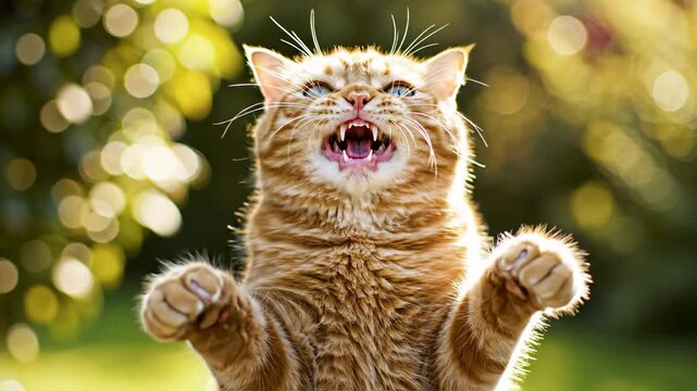 An animated ginger feline with bright orange fur and sharp teeth expresses extreme surprise and fright, with its paws raised defensively against a blurred natural setting bathed in glowing