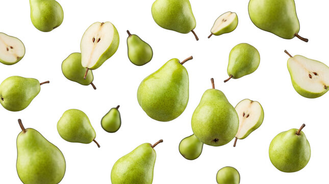 Fresh green pears falling and floating in air, some whole and some halved, on a transparent background.
