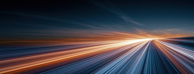 Abstract dynamic motion blurred light trails of road curving towards warm glowing sunset horizon with cool blue and warm orange tones representing speed and forward movement