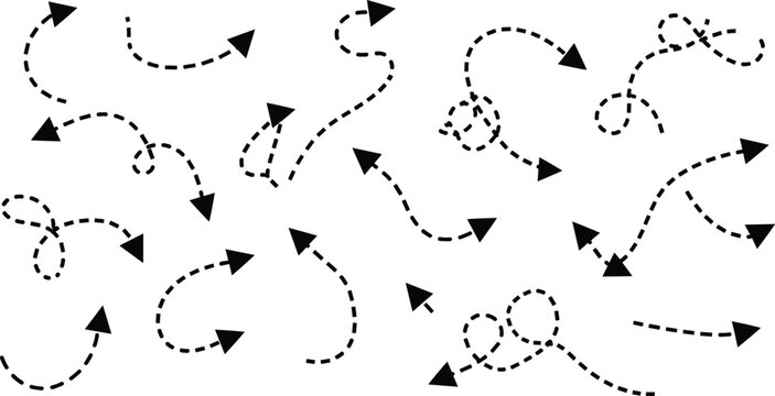 Curved dashed arrow path set, hand drawn direction pointers, navigation flow elements, vector illustration
