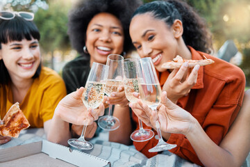 Cheers, champagne and women friends with picnic for social, gathering and celebration in park. Pizza, sparkling wine and group of people with toast, happy and bonding on holiday for outdoor hangout © peopleimages.com