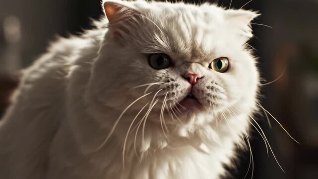 A fluffy white Persian feline with strikingly green eyes and a grumpy expression gazes intently forward, its whiskers fanned out as it experiences a moment of intense contemplation indoors
