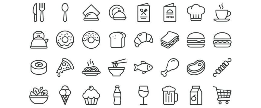 32 premium food and travel icon sheet- monoline vector isolated on white background