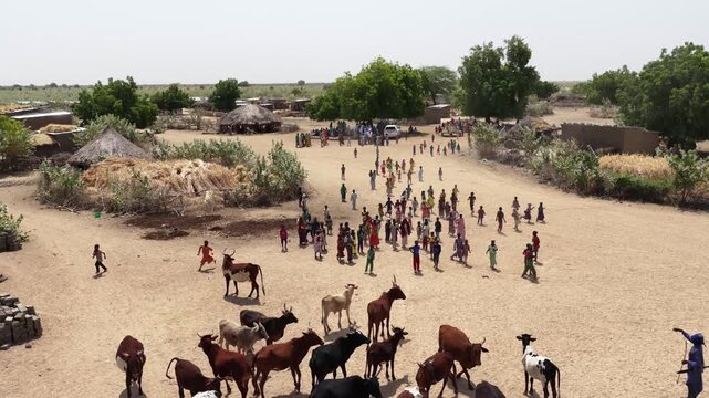 aerial view of african children running in rural village dirt road April, 25, 2026, Chad, ndjamena