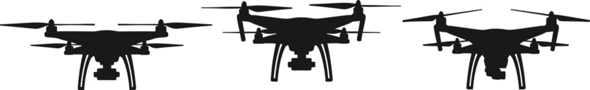 Drone quadcopter silhouette set, aerial UAV technology icons for photography, surveillance, delivery service and modern aviation design, vector illustration