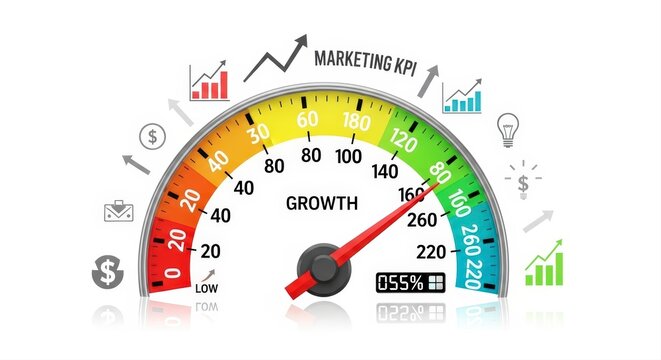 Dynamic business growth and marketing KPI performance indicator dashboard illustrating strategic success and accelerated development on a clean white background