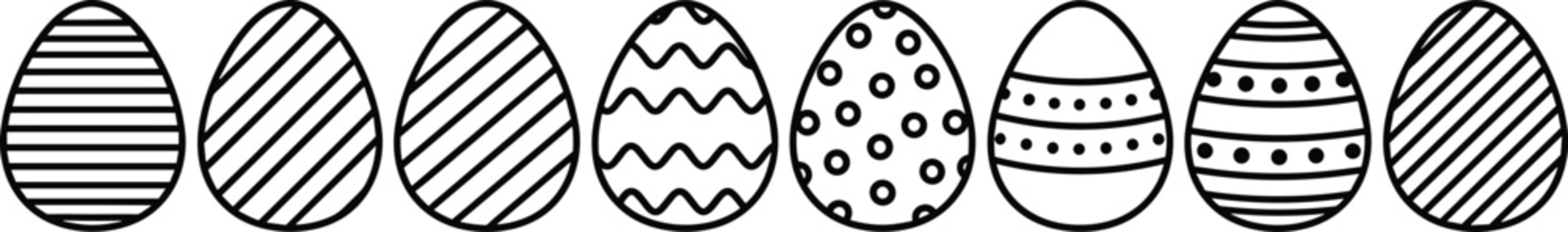 Easter egg icon collection, decorative striped dotted and wavy patterned eggs set for spring holiday branding packaging and greeting cards, vector illustration