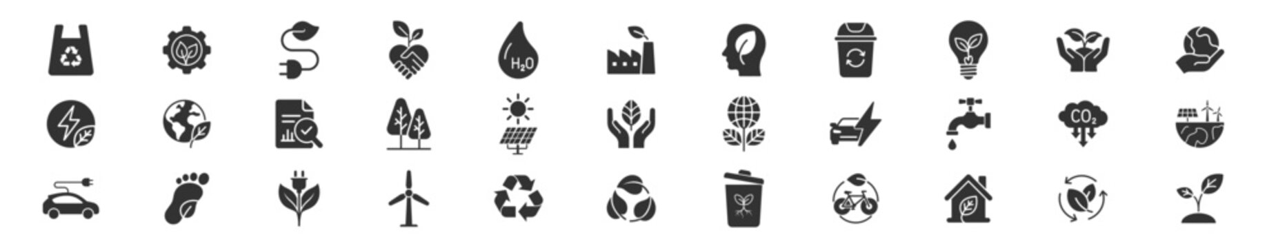 Recycle and sustainability icons with ecology, renewable energy and environmental symbols on transparent background