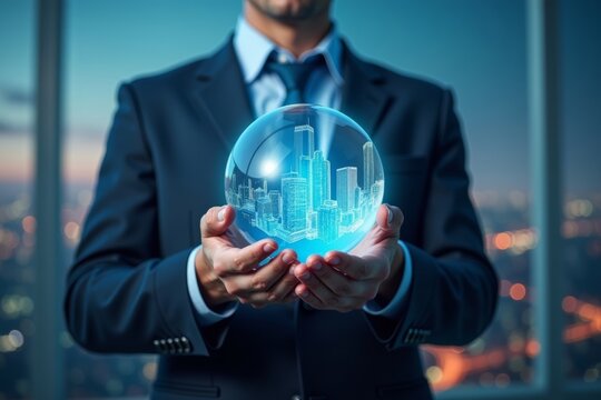 Businessman with crystal ball gazes at futuristic cityscape.