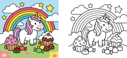 Cute Unicorn with Rainbow and Sweets Coloring Page Illustration for Kids, Cartoon Fantasy Animal with Cupcakes and Candy Activity Sheet for Children Educational Coloring Book © MMONIR