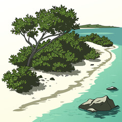 lagoon shore with lush vegetation vector illustration with turquoise water © sabrina1122