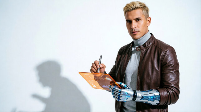 Confident young latin man with bionic prosthetic arm holding tablet looking at camera