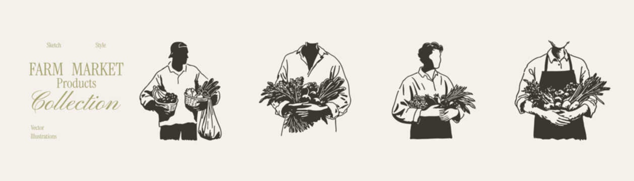 Local farmers holding fresh vegetables and organic harvest bundles at countryside market. Illustrations for eco branding and grocery advertising in hand drawn sketch style with rough ink textures.