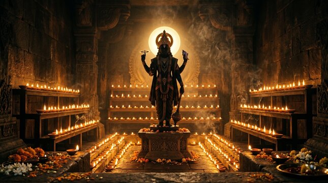 Lord Vitthal silhouette with spiritual oil lamps and smoke in temple.