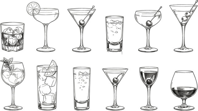 Hand drawn cocktail glass collection vector set featuring vintage line art illustrations of martini margarita whiskey shots and tropical drinks garnished with fruits.