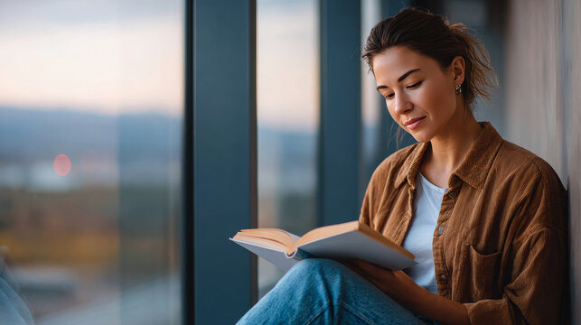 Young woman enjoying a peaceful moment while reading a book by a large window during sunset. She is dressed casually and appears relaxed, immersed in her reading experience
