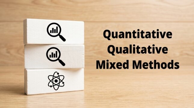 Quantitative, Qualitative, and Mixed Methods research concepts illustrated with icons on wooden blocks.