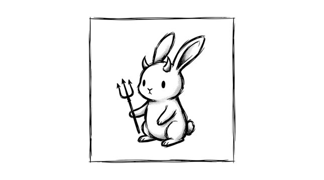 Cute devil bunny holding a trident with small horns.