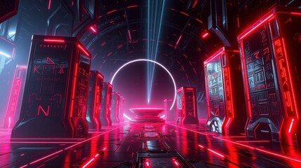 Fototapeta premium Futuristic corridor glows with vibrant neon lights. Symmetry dominates design, creating intense perspective. Dark tones emphasize bright illumination.