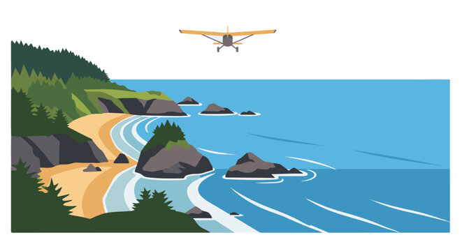 Scenic coastal view with a small plane flying over the blue ocean