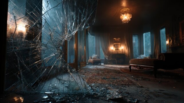 A shattered window reveals a dark, elegant interior with antique furniture, a chandelier, and atmospheric lighting, suggesting neglect or decay