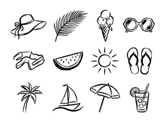 Obraz premium Black ink brush line art summer vacation icon set with beach and holiday element, isolated on white background
