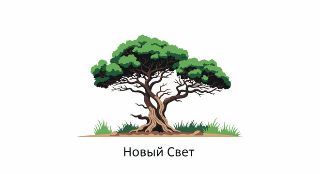 Pixel art depiction of a gnarled tree with lush green foliage and grass