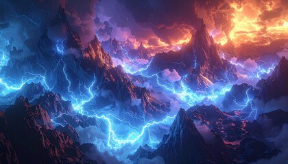 fulmini azzurri che passano in mezzo alle montagne, in un ambiente oscuro e tempestoso di fantasia