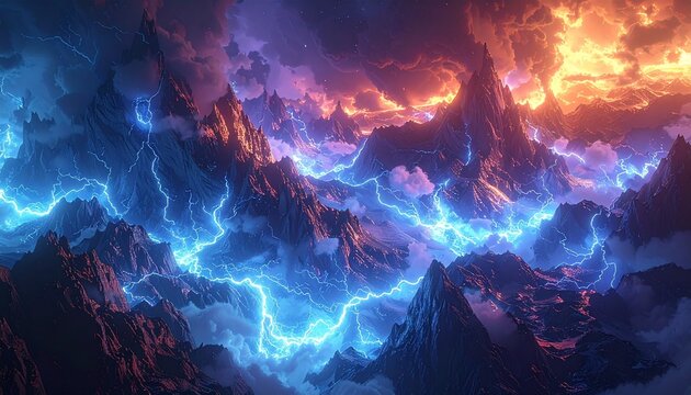 fulmini azzurri che passano in mezzo alle montagne, in un ambiente oscuro e tempestoso di fantasia