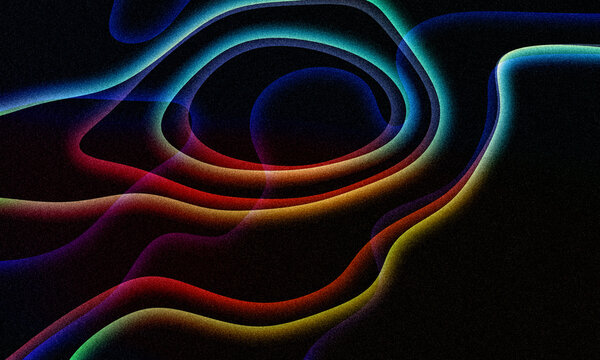 Abstract futuristic background with blurry glowing wave and neon transparent shapes. Spiritual energy concept, digital fantastic wallpaper. Grainy texture.