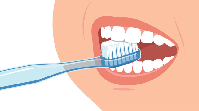 A transparent blue toothbrush with soft white bristles cleans teeth inside an open mouth in a bright and clean medical health illustration.