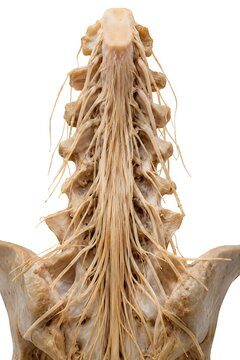 Human Spinal Cord Anatomy with Nerve Roots and Vertebrae on White Background - 3D Illustration