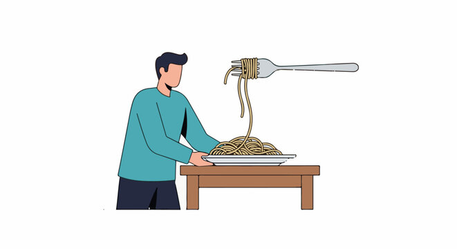 Person holding fork with pasta over plate on wooden table