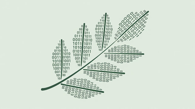 Digital leaf made of binary code on a light green background technology nature