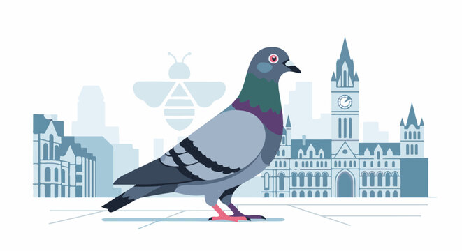 Pigeon stands before a city skyline with ornate buildings and a stylized bee