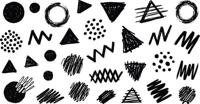 Collection of hand drawn black charcoal geometric shapes including circles triangles zigzags and dots with textured sketchy lines isolated on white background vector illustration.