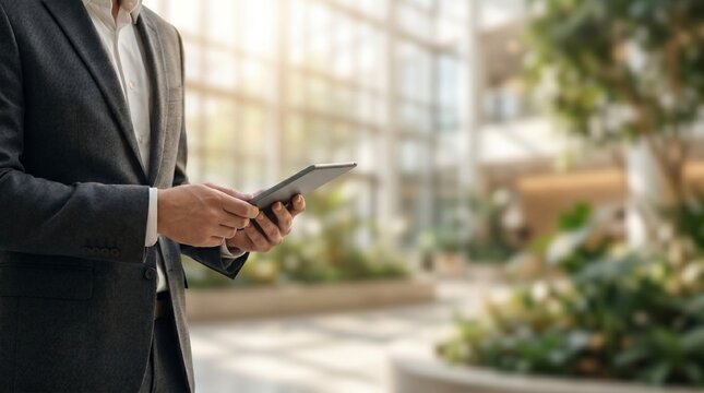 Businessman using a digital tablet in a modern, sunlit corporate atrium