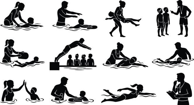 Instructor teaching children swimming and water safety techniques isolated on white background, Vector