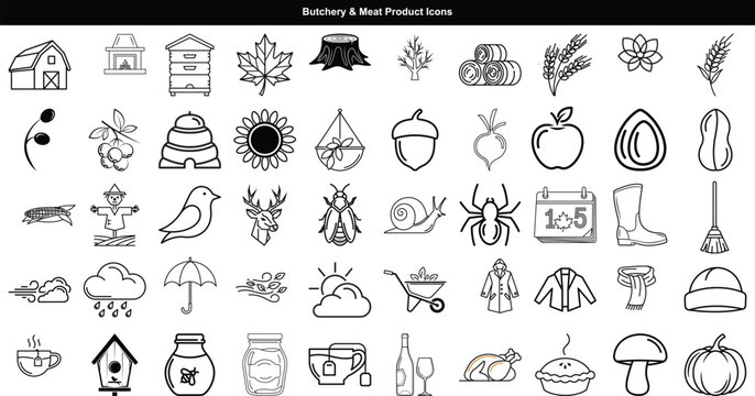 Collection of Butchery and Meat Product Icons representing farm to table food preparation and natural ingredients