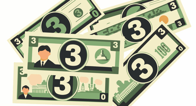 Pile of stylized green and cream bills with '3' denominations and various illustrations