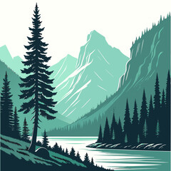 mountain landscape with pine trees and lake vector illustration © shahin9