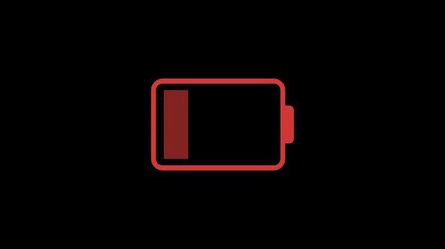 Low Battery Animation One Red Bar Flashing on Black Background. Horizontal Empty Battery Status Indicator Motion Graphics 4K.