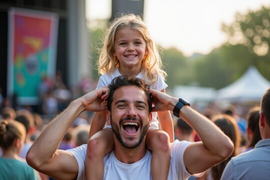 Dad and Daughter Enjoying Outdoor Music Festival with Vibrant Banner in the Background