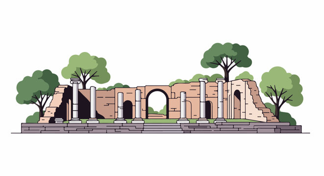 Ruined ancient stone structure with columns and arch, surrounded by trees